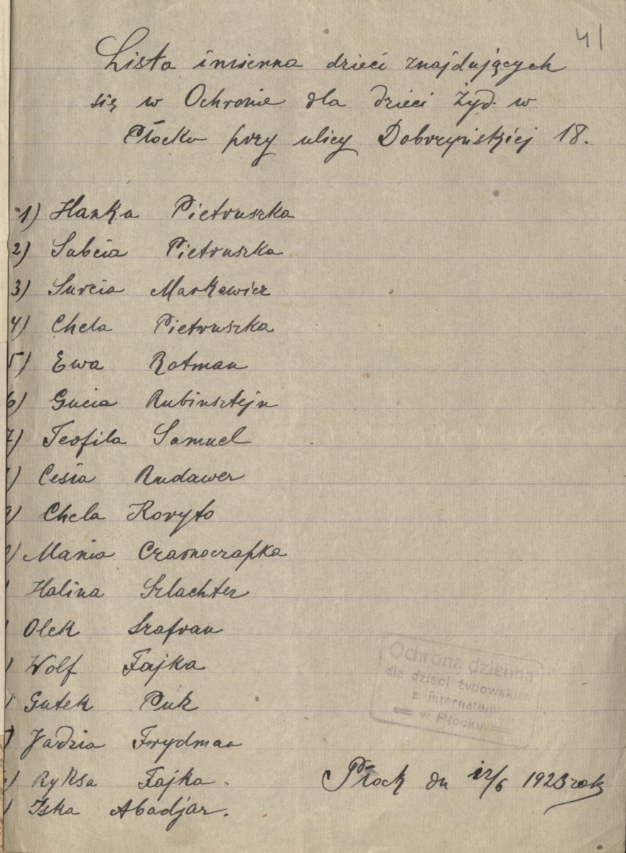 Name list of children in the shelter at Dobrzyńska Street in June 1923 (State Archives in Płock, Files of the town of Płock, reference number 24228) 